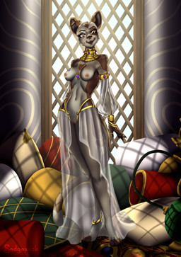 amethyst_(gem) anklet anthro bracelet breasts brown_body brown_fur cheek_piercing clothed clothing ear_piercing eyebrow_piercing facial_piercing female fur gem genitals gold_(metal) gold_anklet gold_bracelet gold_jewelry harem harem_outfit industrial_piercing jewelry multicolored_body multicolored_fur multiple_piercings necklace nipple_piercing nipples nose_piercing pattern_background piercing pillow purple_gem red_text septum_piercing simple_background slave solo standing striped_background striped_wall text translucent translucent_clothing vulva white_body white_fur window yellow_eyes size-queen-sedgewick domestic_cat felid feline felis mammal 2021 absurd_res digital_media_(artwork) full-length_portrait hi_res portrait signature
