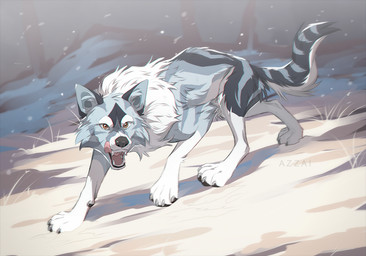 black_claws black_nose blue_body blue_fur blue_stripes brown_eyes cheek_tuft claws facial_tuft fangs feral fur grass inner_ear_fluff licking licking_lips male open_mouth outside pink_tongue plant snow snowing solo stripes tail teeth tongue tongue_out tree tuft walking white_body white_fur azzai canid canine canis mammal wolf 2024 colored digital_drawing_(artwork) digital_media_(artwork) shaded