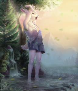 anthro arms_above_head biped black_eyes blue_clothing blue_overalls buckteeth clothed clothed_anthro clothed_male clothing denim denim_clothing detailed_background empty_eyes fingers fur leaf male male_anthro monotone_body monotone_fur mountain open_mouth outside overalls overalls_only pink_inner_ear pink_tongue plant sky solo standing stretching sunrise tail teeth tongue tree water waterfall wind yawn fuzzle_(artist) lagomorph leporid mammal rabbit full-length_portrait hi_res portrait