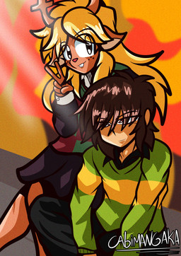 anthro antlers black_bottomwear black_clothing black_eyes black_pants black_shirt black_topwear blonde_hair bottomwear brown_bottomwear brown_clothing brown_hair brown_shirt brown_skirt brown_topwear buckteeth citrus_tree clothing duo female freckled_face freckles fruit_tree fur gesture green_clothing green_shirt green_topwear hair hair_over_eyes hand_gesture hands_on_legs horn light long_hair male male/female orange_body orange_fur orange_tree pants plant red_clothing red_eyes red_nose red_shirt red_topwear shirt skirt smile smirk sunlight tan_body tan_fur teeth text topwear tree v_sign white_shirt_collar white_shirt_cuffs yellow_clothing yellow_shirt yellow_topwear cabimangaka deltarune undertale_(series) kris_dreemurr noelle_holiday deer human mammal new_world_deer reindeer absurd_res english_text hi_res shaded signature
