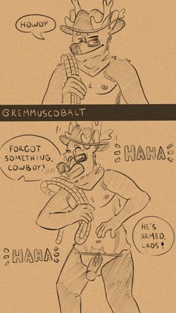 anthro blush caught chaps cowboy embarrassed exhibitionism femboy flaccid genitals group male male/male nude penis public twunk remmus_cobalt deer mammal 4k 9:16 absurd_res hi_res