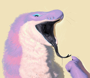 ambiguous_anthro ambiguous_gender anthro black_mouth black_tongue bodily_fluids dripping drooling fluffy forked_tongue fur gesture hand_gesture mouth_shot open_mouth pink_body pink_fur pointing pointing_at_mouth pointing_at_self purple_body purple_fur saliva saliva_drip saliva_on_tongue saliva_string simple_background solo thick_neck tongue tongue_out toothless_mouth yellow_background entitycore nalu_(entitycore) furred_scalie furred_snake reptile scalie snake male_(lore)