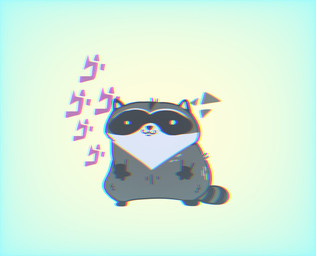 biped black_nose chibi closed_smile feral gradient_background grey_body mouth_closed parody simple_background smile solo text white_eyes happyraccoons jojo's_bizarre_adventure menacing_(meme) mammal procyonid raccoon 2022 chromatic_aberration hi_res japanese_text meme