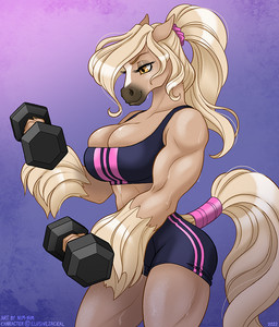 accessory anthro arm_tuft athletic athletic_female athletic_wear big_breasts blonde_hair bodily_fluids bottomwear bra breasts cleavage clothed clothing dumbbell exercise eyelashes female fur gym_bottomwear gym_shorts hair hair_accessory hair_tie muscular muscular_anthro muscular_female ponytail shorts smile solo sports_bra sweat sweaty_arms sweaty_legs sweaty_thighs tan_body tan_fur tuft underwear weightlifting weights workout wrist_tuft yellow_eyes nim-nim scarlett_(elusivejackal) equid equine horse mammal