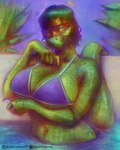 anthro arm_under_breasts big_breasts bikini bikini_top breasts claws cleavage clothed clothing female finger_claws freckled_breasts freckles green_body green_hair green_scales green_skin green_tail hair huge_breasts looking_at_viewer navel non-mammal_breasts partially_submerged purple_bikini_top scales solo swimwear tail two-piece_swimsuit water yellow_sclera kadalsaurus cavemanon_studios i_wani_hug_that_gator olivia_halford baryonyx dinosaur prehistoric_species reptile scalie spinosaurid theropod 2024 4:5 digital_media_(artwork) half-length_portrait hi_res portrait