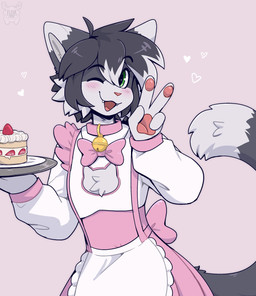4_fingers anthro bell bell_collar black_eyebrows blush cake_slice cheek_tuft chest_tuft clothed clothing collar crossdressing dipstick_tail dress eyebrows facial_tuft fangs femboy fingers fur gesture green_eyes grey_body grey_fur hair hair_between_eyes hand_gesture heart_symbol holding_object long_sleeves looking_at_viewer maid_apron maid_uniform male markings one_eye_closed open_mouth open_smile pawpads pink_bow pink_clothing pink_collar pink_dress pink_nose pink_pawpads plate short_hair sidelocks simple_background smile solo tail tail_markings teeth tuft uniform v_sign fleurfurr domestic_cat felid feline felis mammal absurd_res cel_shading colored digital_drawing_(artwork) digital_media_(artwork) hi_res shaded