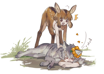 breasts brown_body brown_fur casual_nudity duo featureless_breasts female flower flower_crown fur grass grey_body grey_fur nude nude_female nude_taur on_grass on_ground paws plant sleeping sound_effects surprised vowelless vowelless_sound_effect zzz mullmull canid canid_taur canine canine_taur canis deer deer_taur humanoid_taur mammal mammal_taur taur wolf wolf_taur