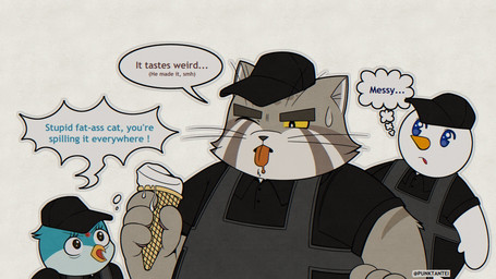 angry anthro apron clothing dessert dialogue food group hat headgear headwear humanoid_hands ice_cream male shirt simple_background slightly_chubby text topwear punktantei mixue xue_wang_jiadao avian felid feline mammal pallas's_cat 2026 english_text hi_res
