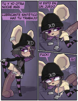 anal anal_penetration anthro beanie big_ear bodily_fluids bottomwear clothed clothing clothing_lift cum cum_while_penetrated dialogue dildo dildo_in_ass dildo_insertion dress ear_piercing erection femboy genital_fluids genitals hat headgear headwear legwear lube machine male object_in_ass partially_clothed penetration penis penis_size_difference piercing sex_toy sex_toy_in_ass sex_toy_insertion size_difference skirt skirt_lift small_penis smaller_male smaller_penetrated solo stockings text yerolay xavi_(yerolay) bear mammal robot comic digital_drawing_(artwork) digital_media_(artwork) hi_res translated