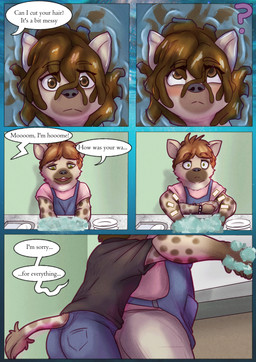 anthro dialogue duo female fountain hug nude offscreen_character public surprise_hug text water wet young liryal ruaha_(lyrial) theoni_(hollyannhoythund) canid canine canis cougar felid feline hybrid hyena mammal wolf absurd_res comic english_text hi_res daughter_(lore) mother_(lore) parent_(lore)