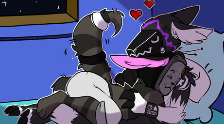 accessory anthro bed duo electronics for_a_head furniture hair_accessory hairband heart_symbol hug long_ears machine male male/male night romantic romantic_couple screen screen_face television uwu madirainbow kvn_poulsen star_(5t4-r) canid canine mammal object_head procyonid protogen raccoon raccoon_dog screen_head tanuki tv_head shape_shifter hi_res