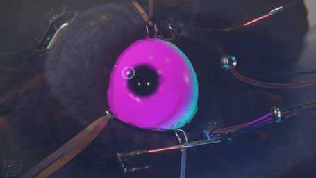 ambiguous_anthro ambiguous_gender anthro black_body black_fur black_nose blood bodily_fluids body_modification cybernetic_implant cybernetics eye_focus eye_torture eyelid_pull fur glistening glistening_eyes involuntary_body_modification machine medical_procedure pain pink_sclera reflection snout solo tears text torture welling_tears wire firedorn akittu_(modeler) casualties:_unknown expie_(gunsawian) gunsawian 16:9 2026 3d_(artwork) absurd_res digital_media_(artwork) english_description english_text hi_res smaller_version_at_source widescreen