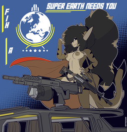 abstract_background brown_body brown_hair cape cape_only clothing female flexing flexing_bicep gun hair hand_on_hip long_hair looking_at_viewer mostly_nude mounted_gun nipples ranged_weapon rifle smile solo stripes text vehicle weapon the_man helldivers aquatic fish shark 2026 absurd_res english_text hi_res