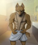 anthro bathroom male pose shirtless solo towel rahir canid canine canis domestic_dog mammal 5:6 digital_media_(artwork) hi_res