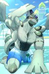abs anthro biceps clothed clothing detailed_background male muscular muscular_anthro muscular_male muscular_thighs pecs pool red_sclera solo swimming_trunks swimwear topless topless_anthro topless_male wet sonymonster793 nintendo pokemon generation_5_pokemon legendary_pokemon pokemon_(species) zekrom 2025 2:3 colored hi_res