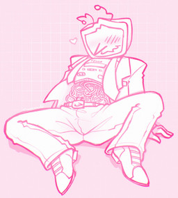 belt blush blush_lines bottomwear clothing electronics exposed_wires footwear for_a_head geometric_background grid_background male necktie organs pants pattern_background screen screen_face shirt shoes simple_background solo spread_legs spreading stomach suit_jacket television text topwear unbuttoned_shirt wavy_mouth wavy_smile wire werewulven deltarune undertale_(series) tenna_(deltarune) humanoid object_head screen_head tv_head english_text hi_res monochrome pink_and_white