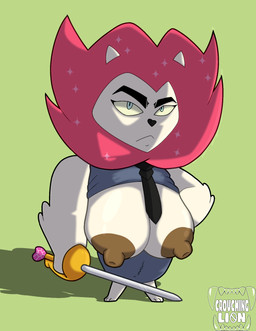 anthro areola big_breasts bottomwear breasts bulge clothing detailed_bulge genital_outline gynomorph high-angle_view intersex male mane melee_weapon necktie nipples penis_outline rapier skirt solo sword weapon crouchingli0n cartoon_network mao_mao:_heroes_of_pure_heart king_snugglemagne_xxv felid lion mammal pantherine hi_res busty_boy_(lore)