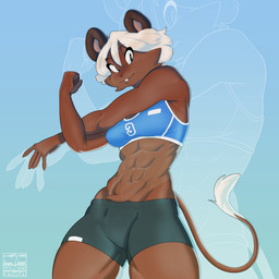 anthro athletic athletic_anthro athletic_wear blue_bra blue_clothing blue_underwear bottomwear bra clothing dark_eyes eyebrows female gradient_background gym_bottomwear gym_shorts hair light_smile looking_at_viewer muscular number_on_clothing pubes shorts simple_background smile smiling_at_viewer solo sports_bra sportswear stretching stretching_arms tail tanned underwear white_hair g0ni25 sanura_(kyuuoku) felid lion mammal pantherine 1:1 2026 absurd_res hi_res signature