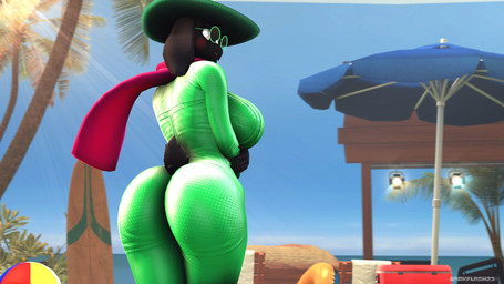 anthro ball beach beach_ball big_breasts big_butt black_body black_fur blush bodysuit breasts butt clothing crossgender curvy_figure detailed_background eyewear female fingers fur glasses glistening glistening_bodysuit glistening_clothing glistening_skinsuit green_bodysuit green_clothing green_skinsuit grey_sclera hat headgear headwear hourglass_figure inflatable looking_back mtf_crossgender outside scarf sea seaside skinsuit solo standing text thick_thighs tight_clothing water white_eyes wide_hips darkflash23 deltarune undertale_(series) ralsei bovid caprine darkner goat mammal 16:9 2021 3d_(artwork) artist_name digital_media_(artwork) hi_res source_filmmaker_(artwork) widescreen