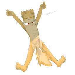 4_toes 5_fingers anthro balls blush body_blush body_writing chest_tuft claws collar erection eyebrows eyes_closed facial_tuft feet finger_claws fingers floppy_ears fluffy fluffy_tail fur genitals grey_nose humanoid_genitalia humanoid_penis kemono male motion_lines multicolored_body multicolored_fur navel nude_anthro nude_male penis penis_blush red_collar simple_background solo stretching tail tan_balls tan_body tan_eyebrows tan_fur tan_penis text toe_claws toes tuft two_tone_body two_tone_fur white_background yellow_body yellow_fur young young_anthro young_male regcron crowl_(regcron) canid canine canis domestic_dog mammal 1:1 2025 english_text hi_res