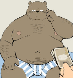 anthro belly big_belly biped black_nose bodily_fluids clothing duo humanoid_hands kemono male money moobs navel nipples overweight overweight_male prostitution solo_focus sweat underwear sessa bear mammal 2026
