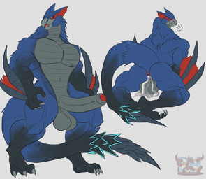 after_sex all_fours anthro anus backsack balls barazoku beak biceps big_balls big_penis black_body black_fur black_sclera blue_body blue_fur bodily_fluids calf_muscles claws cum cum_from_ass cum_in_ass cum_inside cum_on_balls dark_sclera erection eye_markings fanged_beak fangs foreskin fur genital_fluids genitals glans gloves_(marking) grey_balls leaking_cum leg_markings looking_at_viewer looking_back male markings multicolored_eyes multicolored_tail multiple_poses muscular muscular_anthro muscular_male neck_tuft nude nude_anthro nude_male orange_eyes pecs penis pose pupils red_anus red_eyes red_glans simple_background slit_pupils socks_(marking) solo spiked_tail spikes spikes_(anatomy) standing tail teeth toe_claws triceps tuft wing_blade winged_arms wings daikuhiroshiama capcom monster_hunter flying_wyvern nargacuga 2025 hi_res