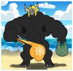 anthro bag balls beach beachwear big_balls big_bulge big_muscles big_penis border bulge cloud day food fruit genitals horn huge_balls huge_bulge huge_muscles huge_penis hyper hyper_balls hyper_bulge hyper_genitalia hyper_muscles hyper_penis looking_at_viewer male melon muscular muscular_anthro muscular_male nipples penis plant sea seaside sky smile solo water watermelon white_border kokoro-doll bandai_namco digimon blackwargreymon digimon_(species) hi_res