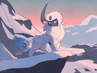 ambiguous_gender antennae_(anatomy) biped black_horn blue_eyes blue_tail breath cliff clothed clothing cloud detailed_background dewclaw digitigrade duo feral fluffy fluffy_chest fur green_body green_skin hat headgear headwear high_place horn kemono landscape larger_ambiguous larger_feral looking_at_another monotone_body monotone_fur monotone_tail mountain multicolored_body multicolored_skin nature neck_tuft outside pupils quadruped red_eyes side_view size_difference sky smaller_ambiguous smaller_humanoid snow standing star starry_sky sunset tail thin_calves thin_legs thin_thighs tuft two_tone_body two_tone_skin white_body white_fur white_pupils white_skin wings leels nintendo pokemon absol canid celebi fairy generation_2_pokemon generation_3_pokemon humanoid legendary_pokemon mammal pokemon_(species) colored digital_media_(artwork) digital_painting_(artwork) full-length_portrait painting_(artwork) portrait shaded