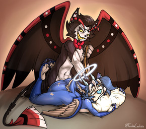 ahegao anal anal_penetration anthro bite bow_tie cocky dominant dominant_male domination/submission duo feathers feet from_behind_position fucked_silly halo hand_over_head hooves hug hugging_object hugging_pillow leash leash_pull looking_pleasured male male/male muscular penetration pillow pillow_bite sex smile smirk submissive submissive_male tail wings tookiecookies hazbin_hotel hellaverse fan_character husk_(hazbin_hotel) angel cherub deer demon felid feline mammal hi_res