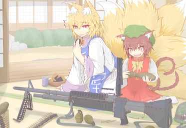 ammunition animal_ears blonde_hair bonnet brown_hair clothed clothed_female clothed_humanoid clothing dress duo ear_piercing ear_ring eating explosives female food fully_clothed fully_clothed_female fully_clothed_humanoid grenade gun hair headgear headwear holding_explosives holding_object inner_ear_fluff m60 machine_gun mobcap mortar_bomb multi_tail piercing ranged_weapon ring_piercing senbei short_hair tail tuft weapon cube85 touhou chen_(touhou) ran_yakumo animal_humanoid canid canid_humanoid canine canine_humanoid cat_humanoid felid felid_humanoid feline feline_humanoid fox_humanoid humanoid mammal mammal_humanoid absurd_res hi_res
