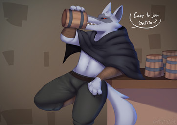 anthro arm_support arm_wrapping arm_wraps bent_leg beverage bottomwear claws cloak clothing container counter cup dialogue drinking facial_markings fur fuzzy grey_body grey_fur grin head_markings holding_container holding_cup holding_mug holding_object inviting leaning leaning_backward leaning_on_elbow looking_at_viewer male markings mask_(marking) mug narrowed_eyes pants poncho raised_leg red_eyes smile solo speech_bubble standing tail teeth text wrapped_arms wraps v1sage dreamworks puss_in_boots_(franchise) death_(puss_in_boots) canid canine canis mammal wolf hi_res