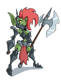 armor axe big_breasts breasts cleavage clothed clothing double_bitted_axe female hair holding_object holding_weapon melee_weapon navel not_furry red_hair solo weapon lordstevie goblin humanoid