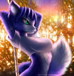 anthro big_breasts big_butt black_nose blue_body blue_fur blue_hair breasts butt clothing crop_top female fur green_eyes hair huge_breasts multicolored_body multicolored_tail nipples outside pole shirt short_hair smile solo tail thick_thighs topwear two_tone_body white_body white_fur v-tal nintendo star_fox krystal_(star_fox) canid canine fox mammal 2019 absurd_res digital_media_(artwork) hi_res