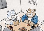 anthro blue_body brown_body cellphone detailed_background duo electronics facial_hair food fruit kemono male mature_male mustache phone plant sitting smartphone gatoggy canid canine canis domestic_dog mammal 2023