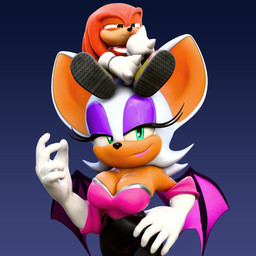anthro big_breasts breasts cleavage clothed clothing duo female hair looking_at_viewer male red_hair smile white_hair wings hunicrio sega sonic_the_hedgehog_(series) knuckles_the_echidna rouge_the_bat bat echidna mammal monotreme 1:1 3d_(artwork) digital_media_(artwork) hi_res