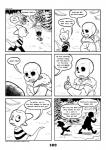 2018 animated_skeleton anthro armless bone c-puff clothed clothing comic english_text hi_res lizard male mammal monochrome monster_kid reptile sans_(undertale) scalie skeleton speech_bubble teeth text undead undertale undertale_(series) url