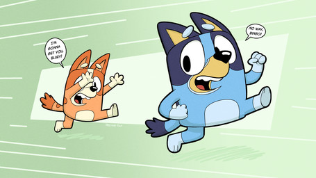 abstract_background after_transformation age_regression being_chased blue_body blue_eyes blue_fur brown_body brown_fur character_transformation chasing dialogue duo female floating_eyebrows fur gender_transformation green_background mtf_transformation orange_body orange_fur pupils simple_background speech_bubble text transformation trevor-fox bluey_(series) bingo_heeler bluey_heeler canid canine canis domestic_dog mammal 16:9 english_text hi_res widescreen