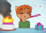 anthro blush bow_(feature) box braided_hair brown_body brown_fur brown_nose cake candle clothing confetti container dessert eyes_closed fire food fur gift gift_box green_clothing green_shirt green_topwear hair male orange_hair party_horn ribbons shirt simple_background smoke solo topwear zaush canid canine canis dingo mammal 2021 digital_media_(artwork)