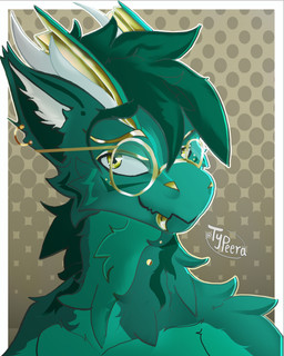 anthro clothed clothing eyewear fur glasses gold_(metal) gold_accessory gold_jewelry green_body green_fur hair horn jewelry male pattern_background simple_background solo topless yellow_eyes typeera european_mythology mythology dragon furred_dragon furred_scalie mythological_creature mythological_scalie scalie western_dragon 4:5 absurd_res hi_res