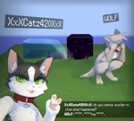 ambiguous_gender anthro black_body black_fur block collar collar_only detailed_background duo fur gesture grass green_eyes grey_body grey_fur hand_gesture looking_at_viewer nude pawpads pink_pawpads plant text v_sign water white_body white_fur luxx microsoft minecraft mojang xbox_game_studios cat_(minecraft) pale_wolf_(minecraft) wolf_(minecraft) 2024 digital_drawing_(artwork) digital_media_(artwork) english_text