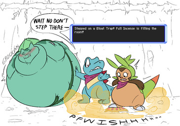 belly big_belly blue_body brown_body brown_fur fart fur group inflation pear-shaped_figure scarf simple_background speech_bubble spherical_inflation text trio white_background wide_hips thatoneaceguy nintendo pokemon pokemon_mystery_dungeon spike_chunsoft bulbasaur chespin generation_1_pokemon generation_2_pokemon generation_6_pokemon pokemon_(species) totodile 2026 english_text