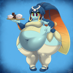 anthro apron belly belly_overhang beverage big_belly big_navel blue_background blue_body blue_scales blue_skin bowl breasts circlet clothed clothing container deep_navel female fin fin_hair food footwear hair holding_object holding_plate huge_hips huge_thighs legwear long_hair mary_janes navel obese obese_female obese_humanoid overweight overweight_female overweight_humanoid pink_eyes plate pseudo_hair rice scales seashell shell shoes simple_background smile socks solo standing thick_thighs thigh_highs thigh_socks waiter wide_hips yellow_sclera skunk_bunk skullgirls minette animal_humanoid aquatic aquatic_humanoid dagonian fish fish_humanoid humanoid 2025 alternate_version_at_source digital_media_(artwork) full-length_portrait hi_res portrait signature