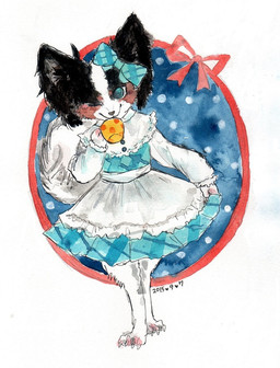4_toes accessory anthro barefoot biped black_body black_fur black_nose blue_clothing blue_dress blue_eyes blush bow_accessory bow_ribbon claws clothed clothing dress feet female food frilly fully_clothed fur hair_accessory hair_bow hair_ribbon multicolored_body multicolored_fur one_eye_closed pawpads paws ribbons simple_background smile solo standing tail toe_claws toes tuft two_tone_body two_tone_fur white_background white_body white_clothing white_fur wink kyokyota canid canine canis domestic_dog mammal papillon toy_dog 2015 painting_(artwork) signature traditional_media_(artwork) watercolor_(artwork)