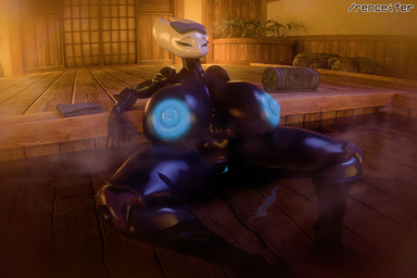 anthro big_breasts big_butt black_body blue_genitals blue_nipples blue_vulva breasts butt female genitals hot_spring mask mature_female nipples sauna thick_thighs vulva water renceifer mayosplash_(modeler) hollow_knight:_silksong hollow_knight_(franchise) team_cherry hornet_(hollow_knight) arthropod insect absurd_res hi_res