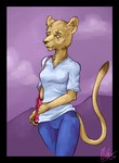 2016 anthro barbarodda black_nose breasts clothed clothing felid female fur hi_res kevin_and_kell leona_mangle lion mammal pantherine purse scar solo whiskers yellow_body yellow_eyes yellow_fur
