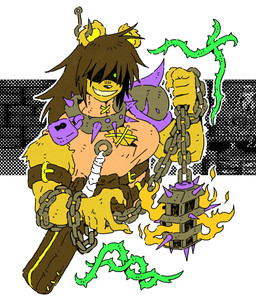 anthro armor belt biped breasts brick_wall brown_hair chain cleavage clothed clothing collar female fire fish_hook fish_hook_piercing green_eyes hair holding_censer holding_chain hook lock multiple_belts padlock padlocked_collar pauldron piercing plant scabbard smile solo spiked_collar spikes vines wall_(structure) cammypuppy bear mammal hi_res