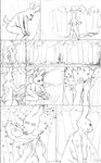 absurd_res anthro areola big_breasts biped black_and_white breasts butt cervine comic deer female forest hi_res mammal monochrome nipples nude outside plant realius solo traditional_media_(artwork) tree water