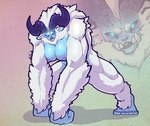 absurd_res all_fours anthro areola big_breasts black_sclera blue_body blue_eyes breasts female fur hi_res horn lluisabadias long_arms long_horn looking_at_viewer mammal muscular muscular_anthro muscular_female neck_tuft nipples nude primate purple_areola purple_nipples solo thick_horn tuft tusks white_body white_fur