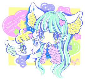 accessory alternative_fashion anthro bangs clothed clothing duo eyelashes female fur glistening glistening_eyes hair hair_accessory hairclip j-fashion kemono on_model open_mouth simple_background sparkles text tuft white_body yurie_sekiya peropero_sparkles rue_(peropero_sparkles) animal_humanoid cat_humanoid domestic_cat felid felid_humanoid feline feline_humanoid felis humanoid mammal mammal_humanoid digital_media_(artwork) hi_res pastel_theme