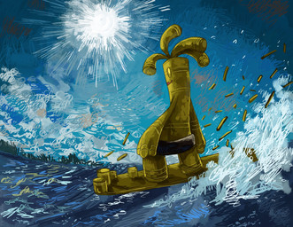 ambiguous_gender coin detailed_background gold_(metal) not_furry solo sun surfing wave yellow_body 24no71 nintendo pokemon generation_9_pokemon gholdengo humanoid pokemon_(species) digital_media_(artwork) hi_res